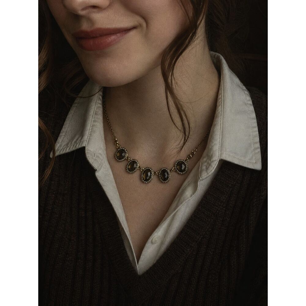 Vintage Inspired Smoky Gem Statement Necklace LOFT Dark Academia Gold Tone